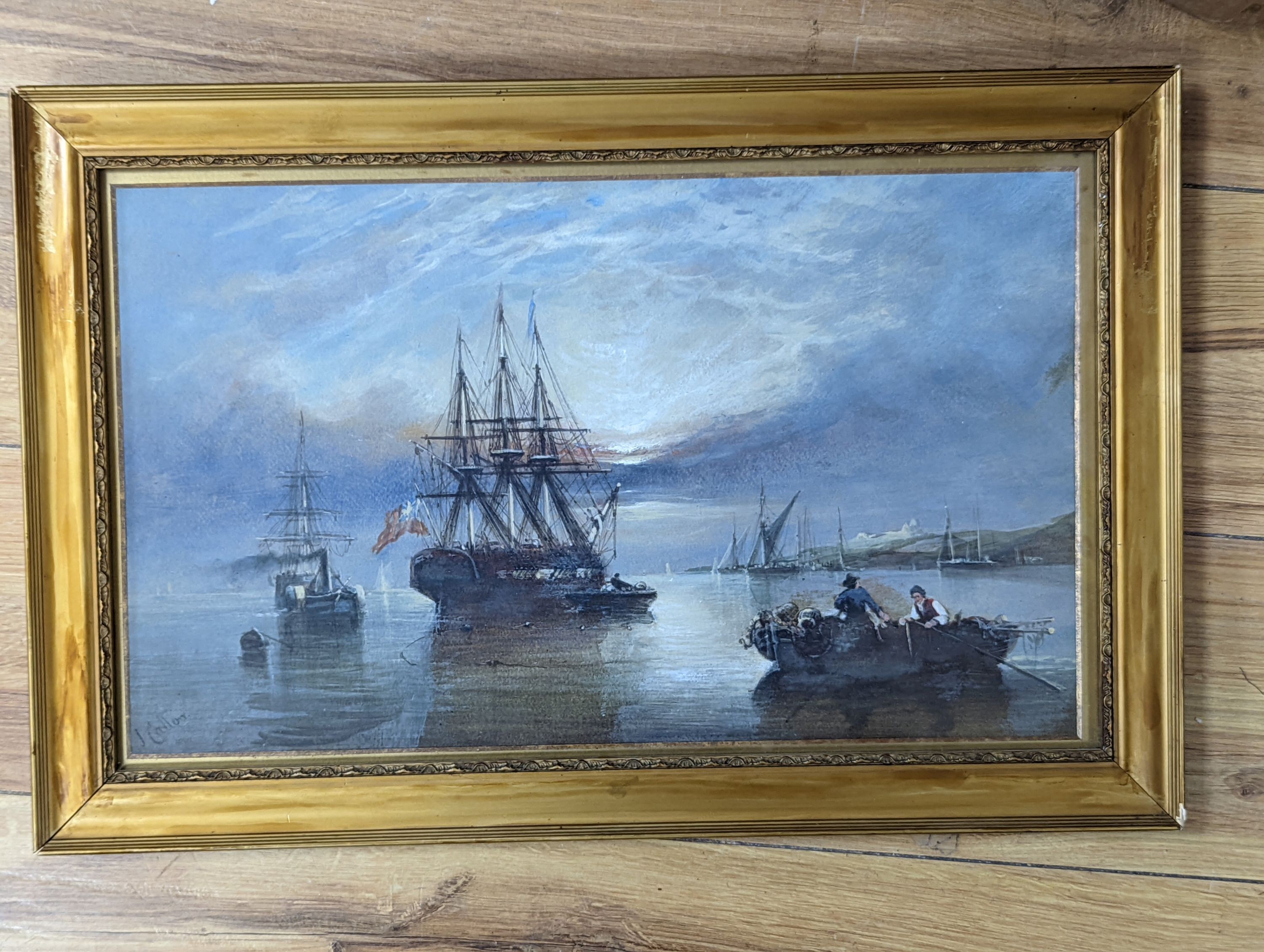 After John Callow, watercolour, Shipping on an estuary, bears signature, 26 x 43cm